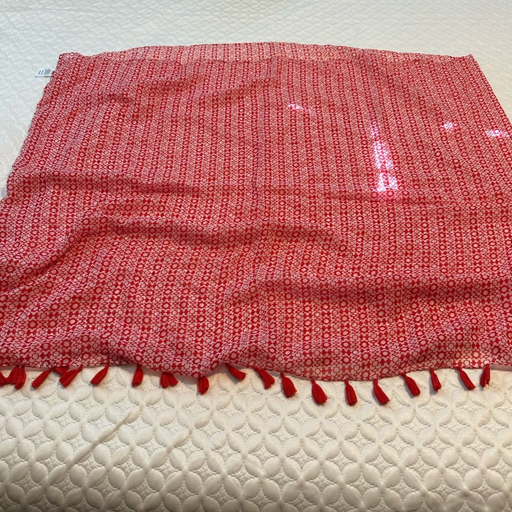 Red Patterned Scarf with Tassels